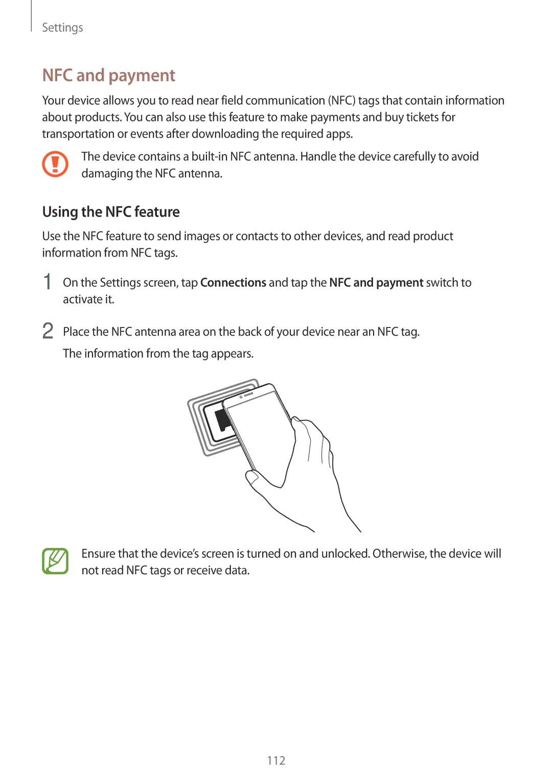 Samsung SM-C900FZDDXEV, SM-C900FZKDXEV manual NFC and payment, Using the NFC feature 