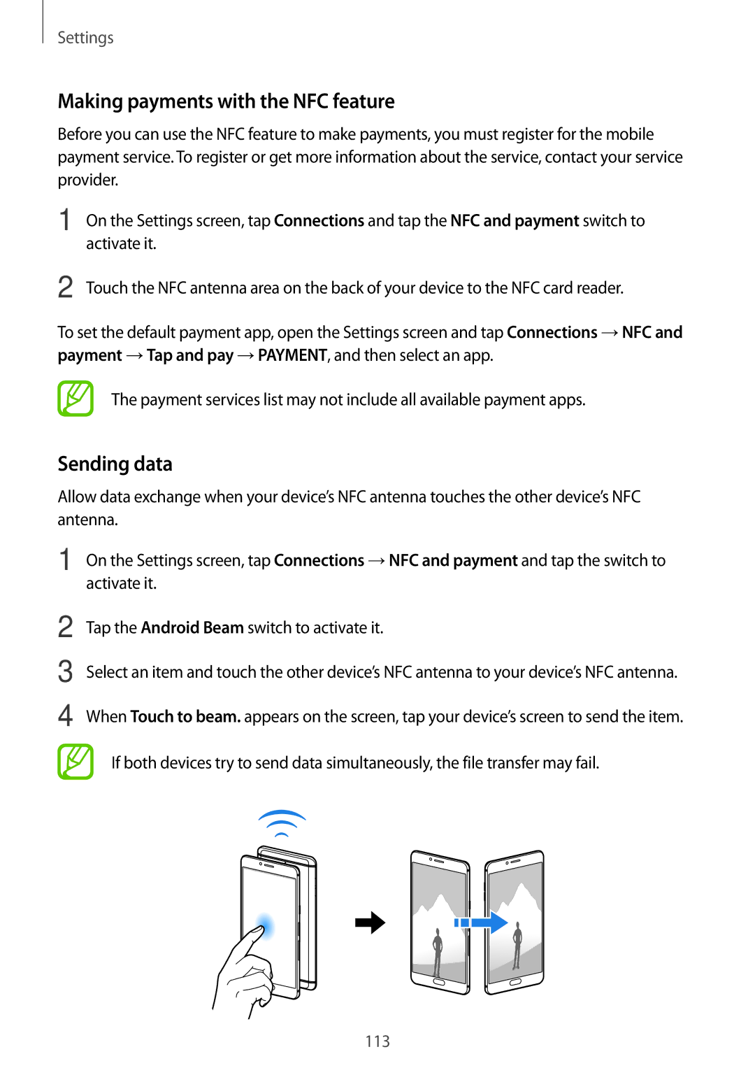 Samsung SM-C900FZKDXEV, SM-C900FZDDXEV manual Making payments with the NFC feature, Sending data 