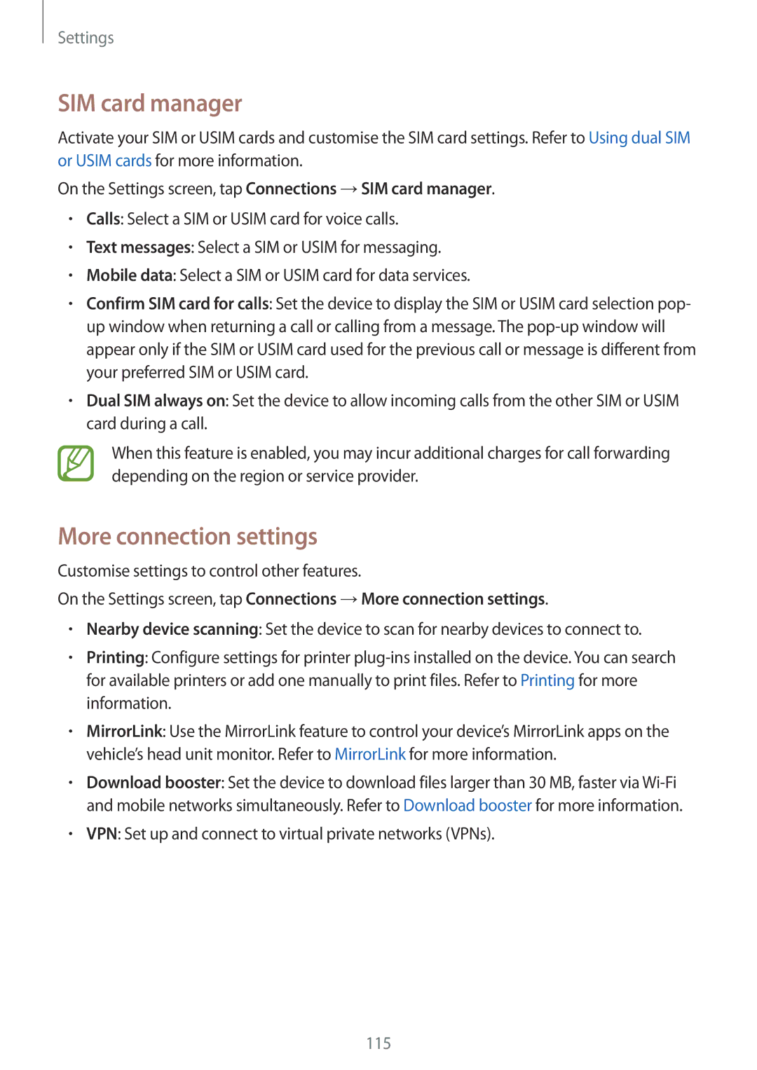 Samsung SM-C900FZKDXEV, SM-C900FZDDXEV manual SIM card manager, More connection settings 