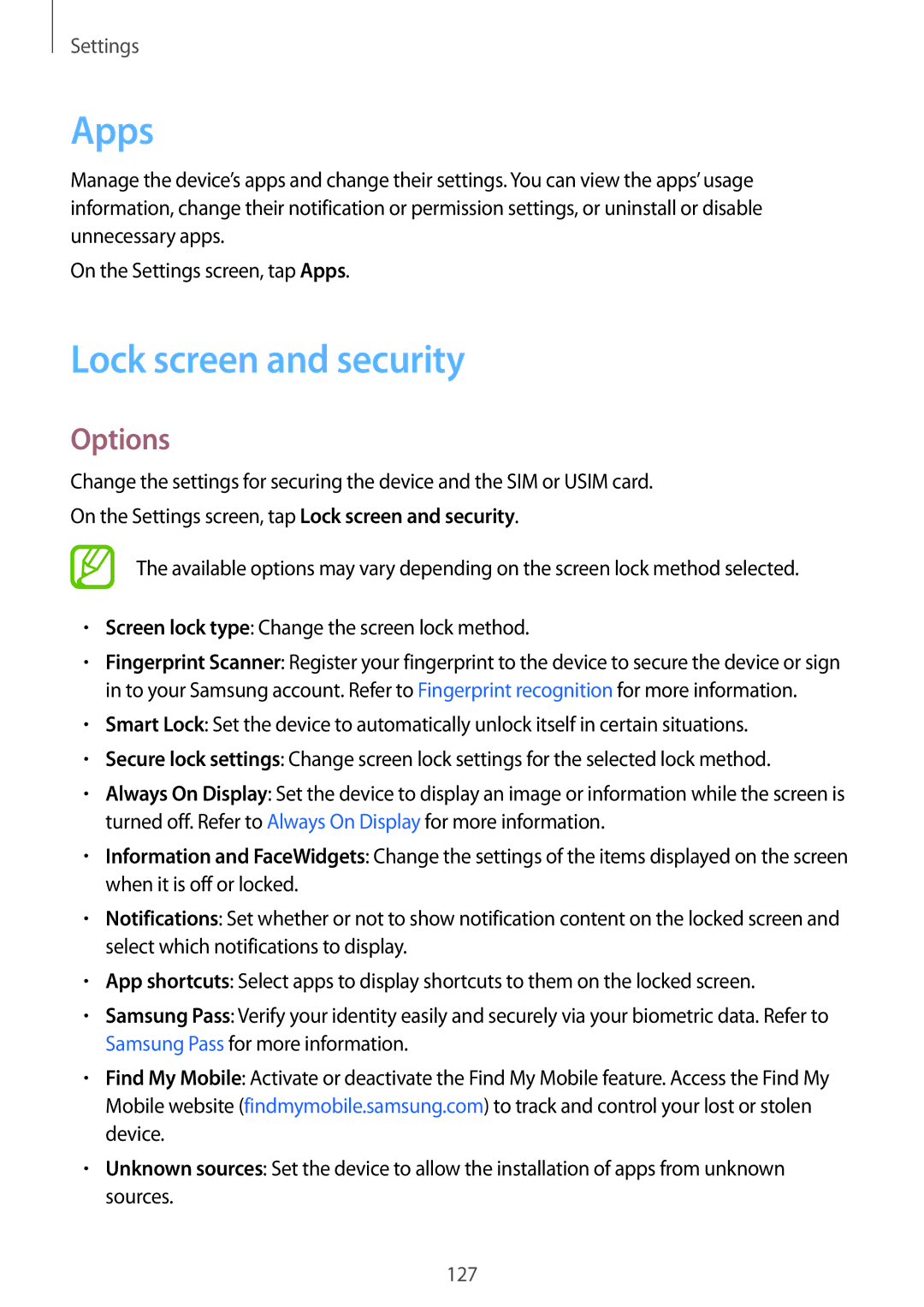 Samsung SM-C900FZKDXEV, SM-C900FZDDXEV manual Apps, Lock screen and security 