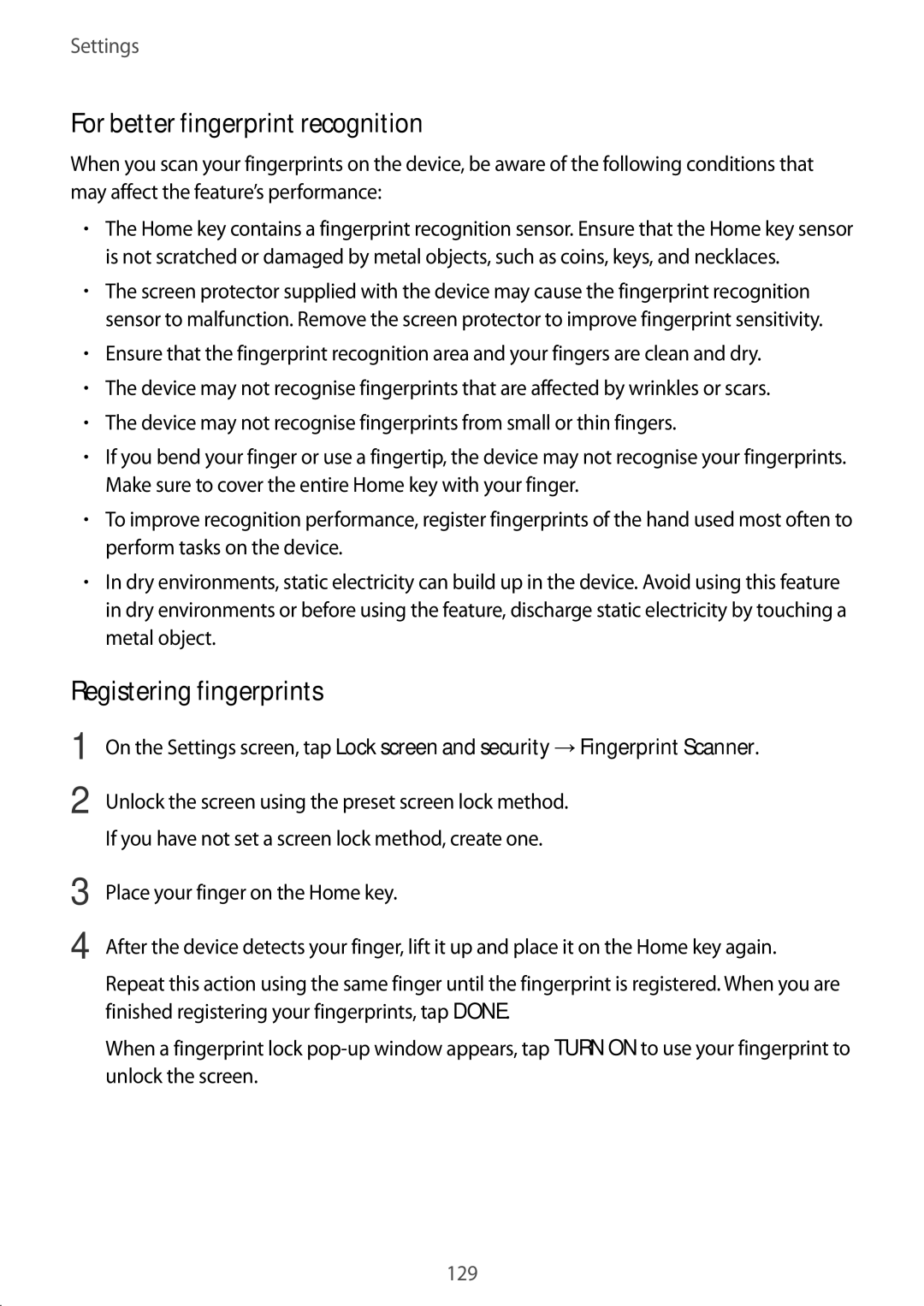 Samsung SM-C900FZKDXEV, SM-C900FZDDXEV manual For better fingerprint recognition, Registering fingerprints 