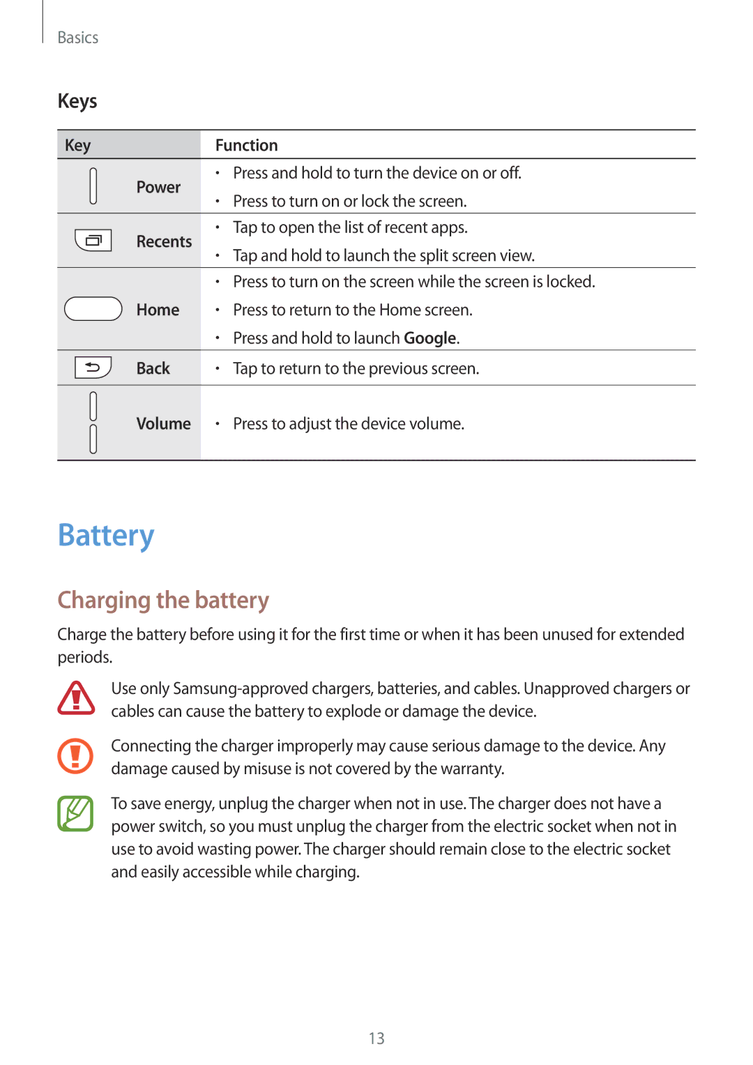 Samsung SM-C900FZKDXEV, SM-C900FZDDXEV manual Battery, Charging the battery, Keys 