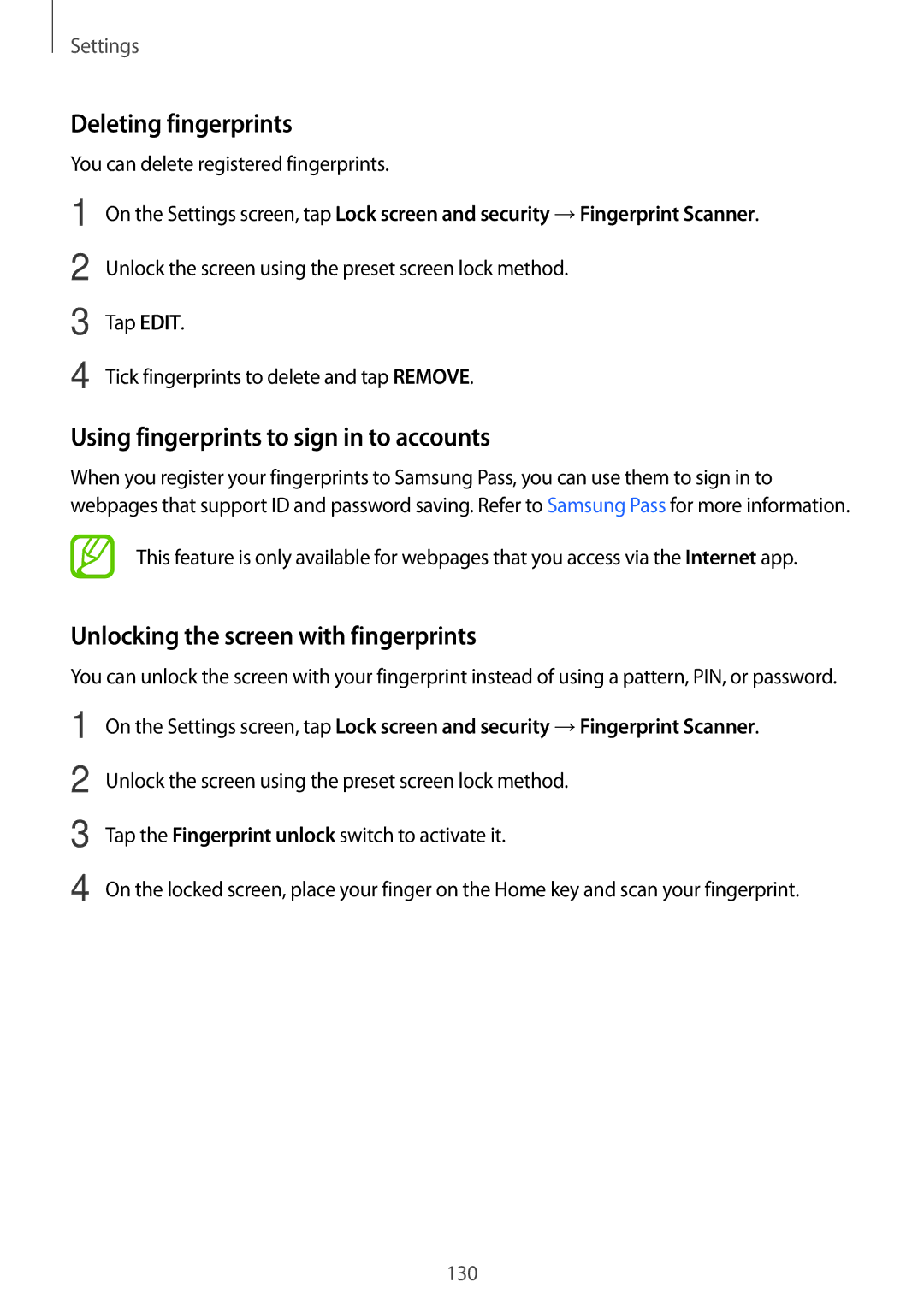 Samsung SM-C900FZDDXEV, SM-C900FZKDXEV manual Deleting fingerprints, Using fingerprints to sign in to accounts 