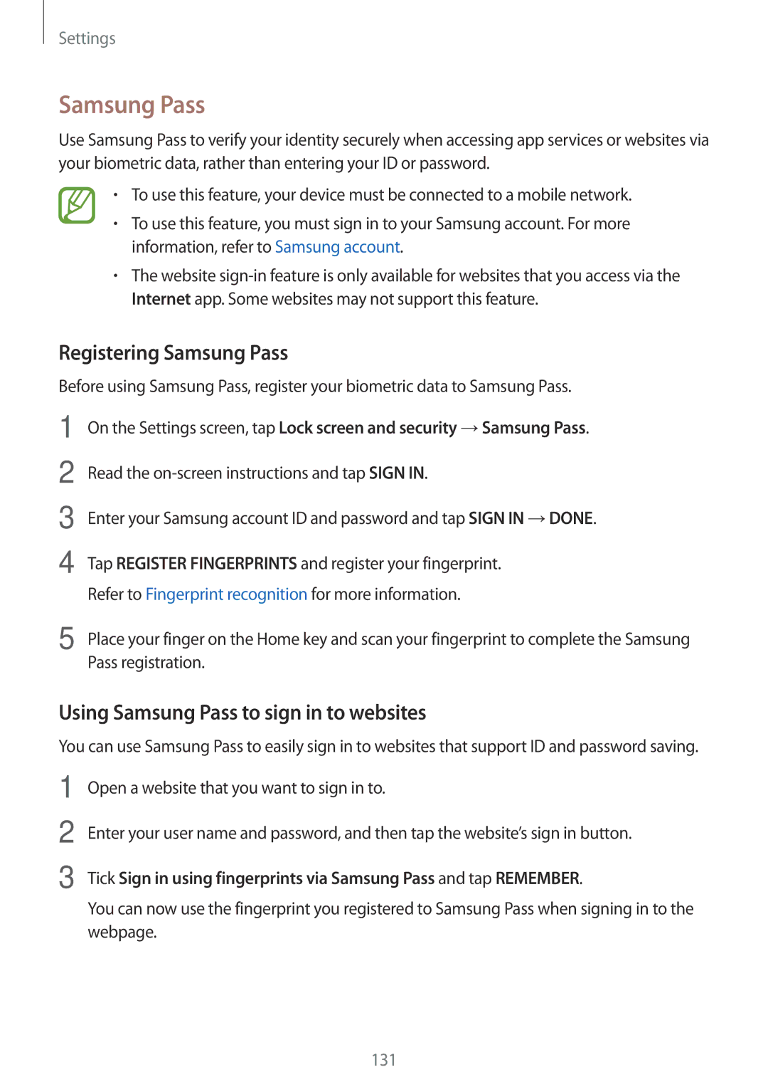 Samsung SM-C900FZKDXEV, SM-C900FZDDXEV manual Registering Samsung Pass, Using Samsung Pass to sign in to websites 