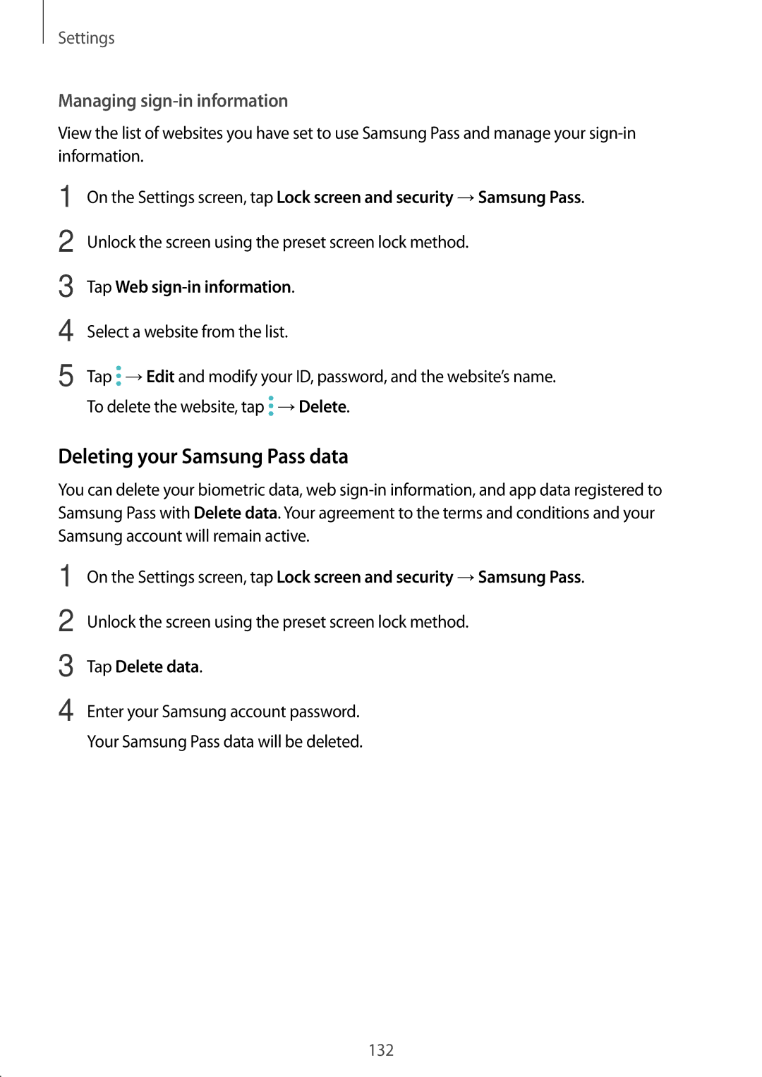 Samsung SM-C900FZDDXEV, SM-C900FZKDXEV manual Deleting your Samsung Pass data, Tap Web sign-in information, Tap Delete data 