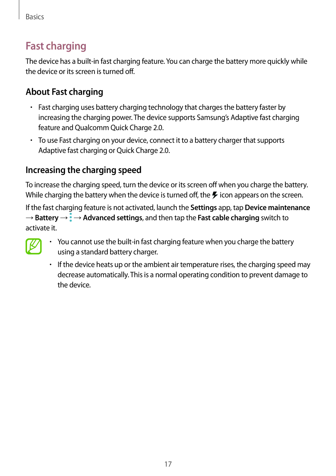 Samsung SM-C900FZKDXEV, SM-C900FZDDXEV manual About Fast charging, Increasing the charging speed 