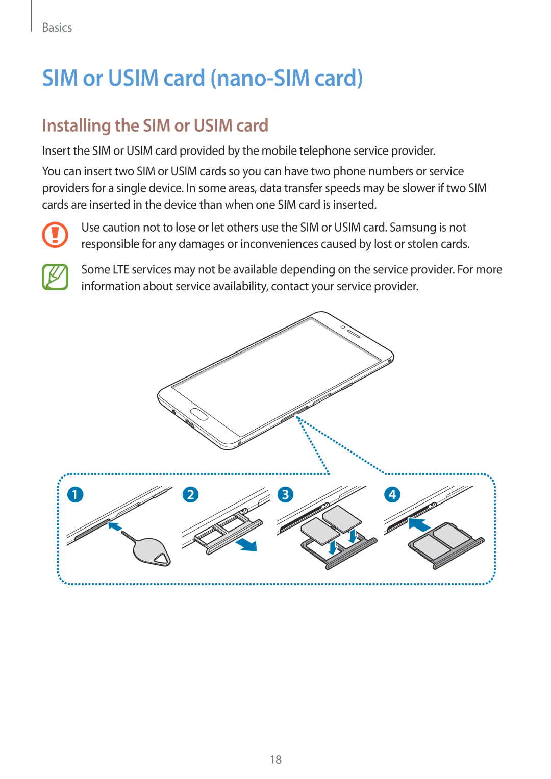 Samsung SM-C900FZDDXEV, SM-C900FZKDXEV manual SIM or Usim card nano-SIM card, Installing the SIM or Usim card 