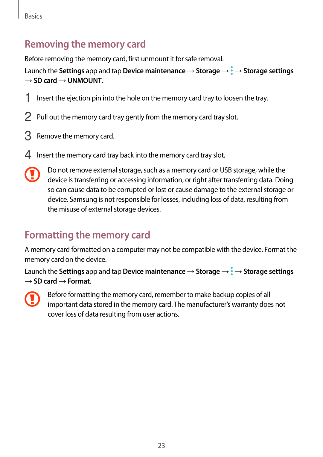 Samsung SM-C900FZKDXEV manual Removing the memory card, Formatting the memory card, → SD card →UNMOUNT, → SD card →Format 