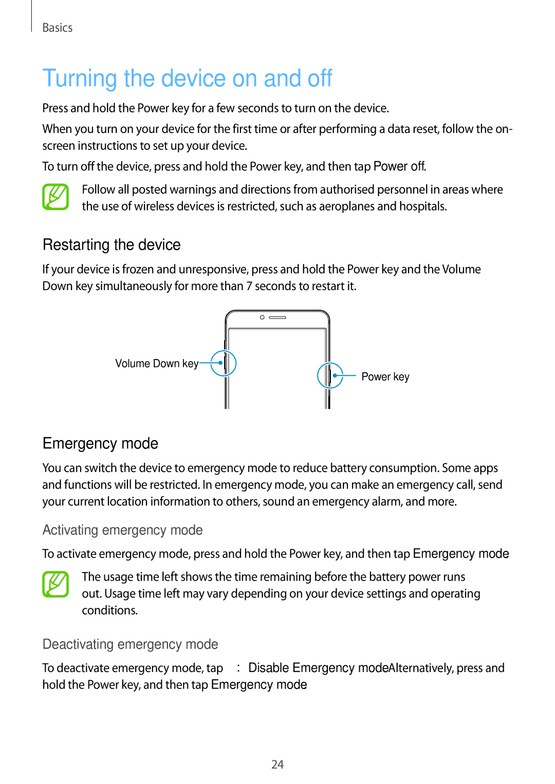 Samsung SM-C900FZDDXEV, SM-C900FZKDXEV manual Turning the device on and off, Restarting the device, Emergency mode 