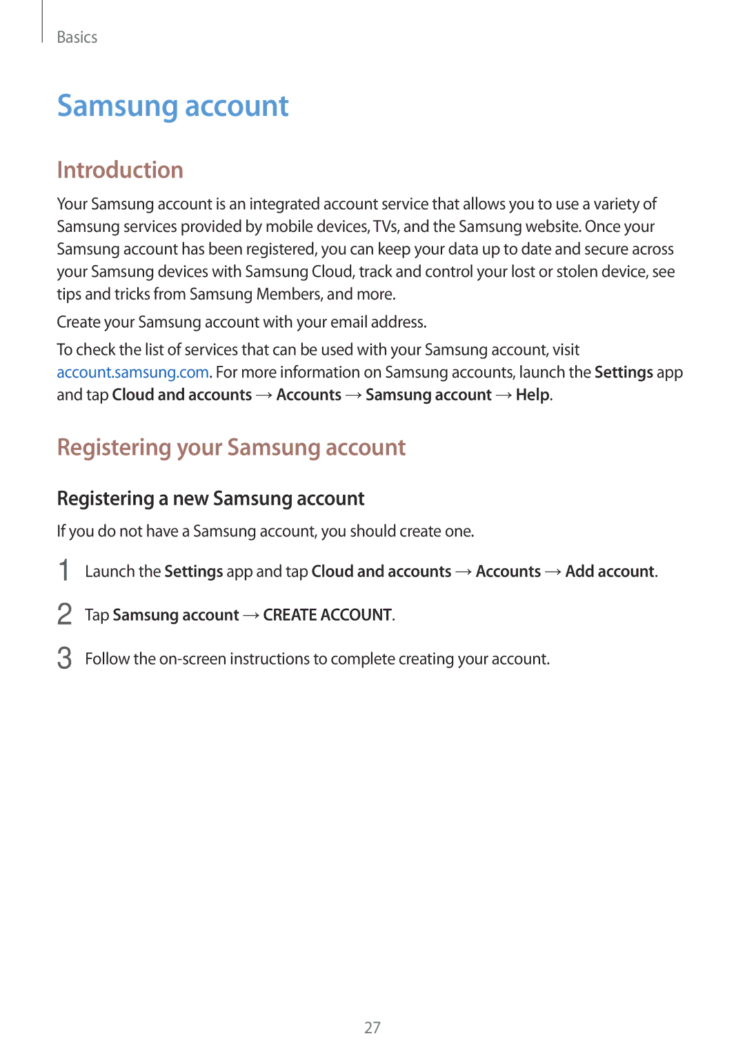 Samsung SM-C900FZKDXEV manual Introduction, Registering your Samsung account, Registering a new Samsung account 