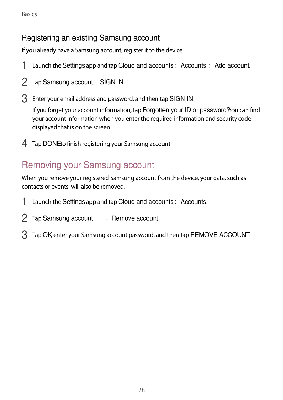 Samsung SM-C900FZDDXEV, SM-C900FZKDXEV manual Removing your Samsung account, Registering an existing Samsung account 