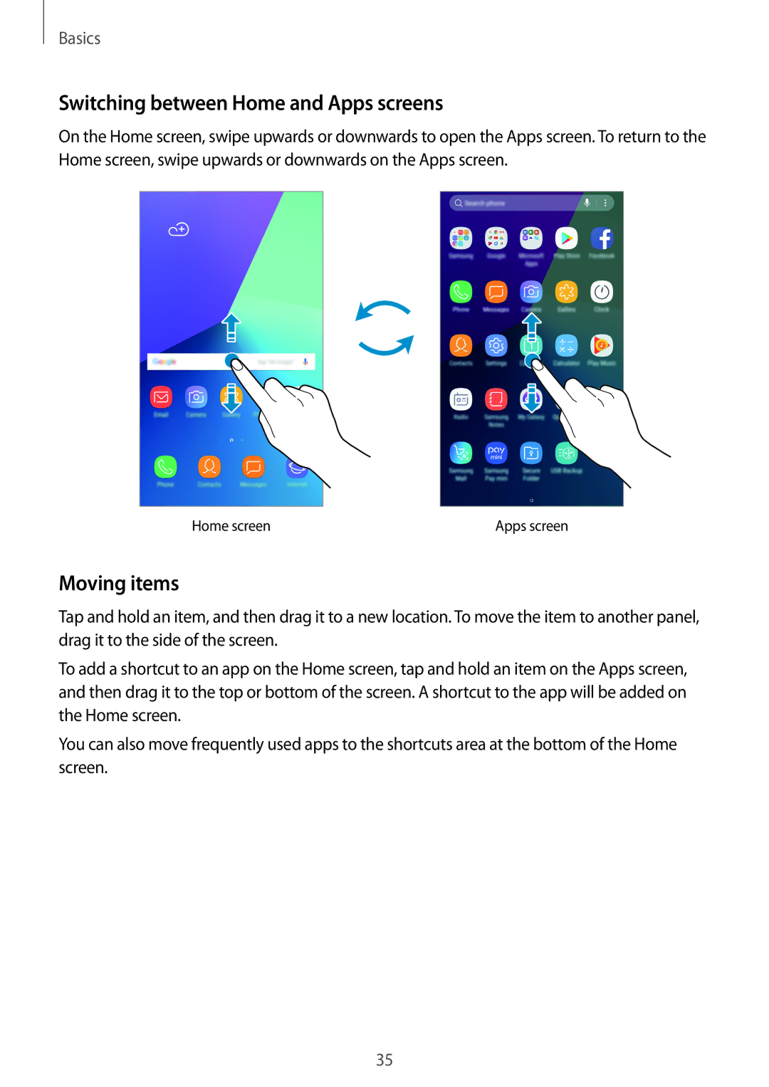 Samsung SM-C900FZKDXEV, SM-C900FZDDXEV manual Switching between Home and Apps screens, Moving items 