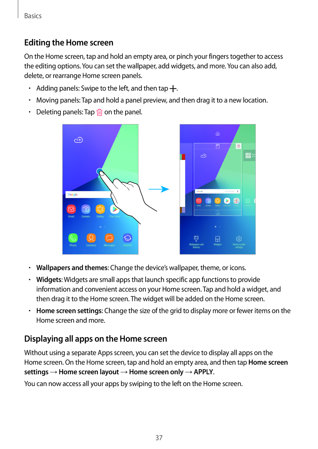 Samsung SM-C900FZKDXEV, SM-C900FZDDXEV manual Editing the Home screen, Displaying all apps on the Home screen 