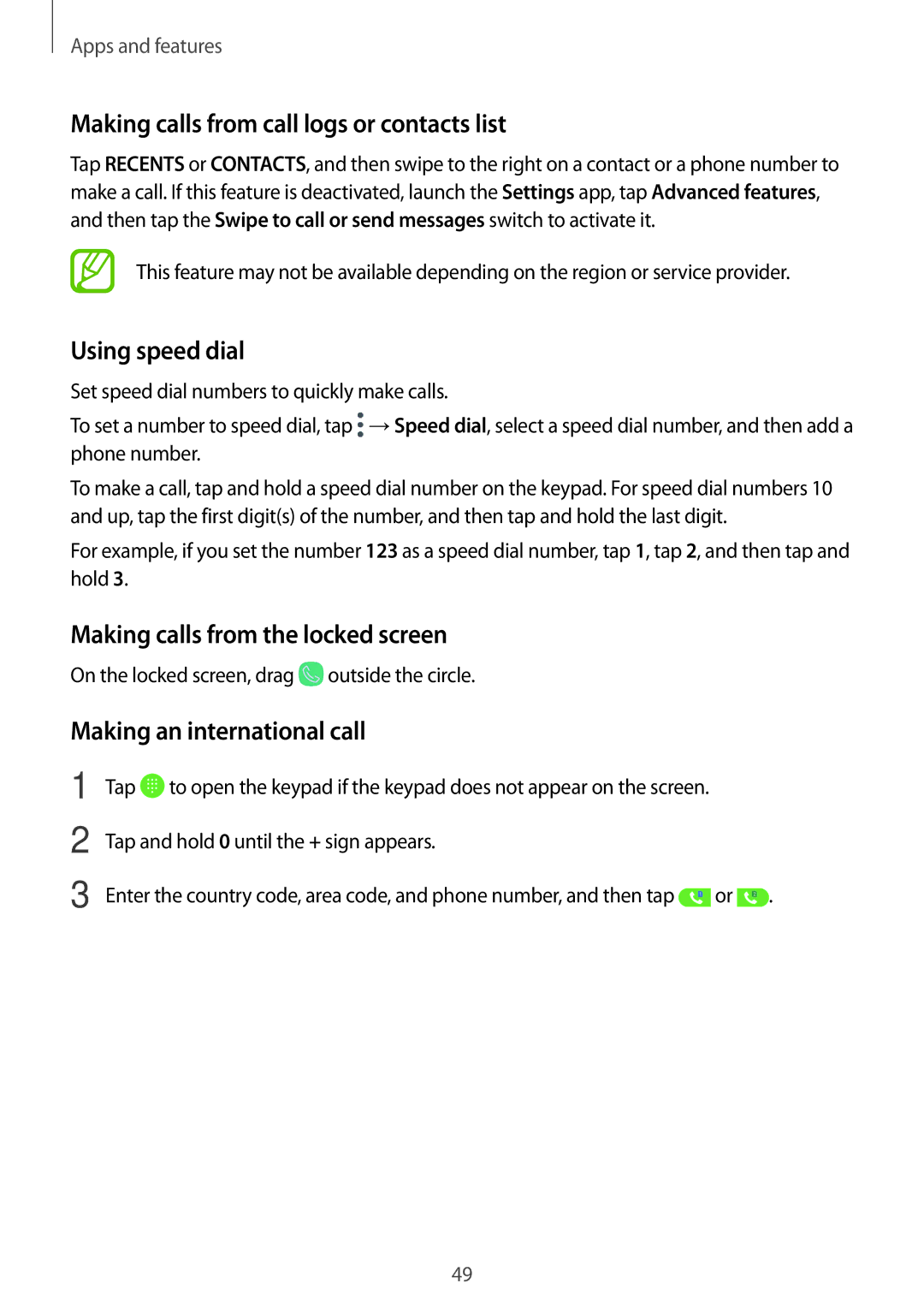 Samsung SM-C900FZKDXEV Making calls from call logs or contacts list, Using speed dial, Making calls from the locked screen 