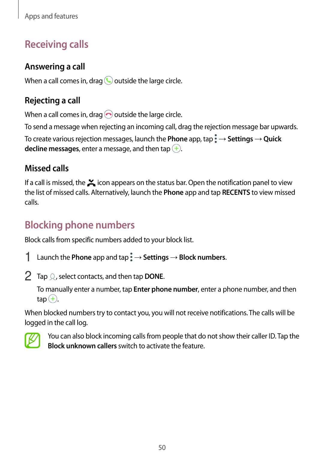 Samsung SM-C900FZDDXEV manual Receiving calls, Blocking phone numbers, Answering a call, Rejecting a call, Missed calls 