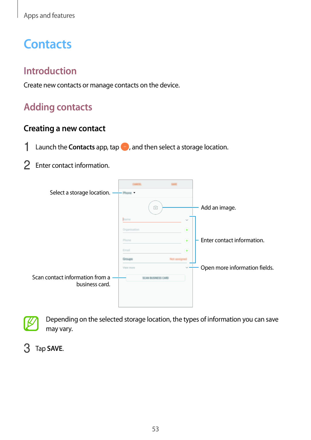 Samsung SM-C900FZKDXEV, SM-C900FZDDXEV manual Contacts, Adding contacts, Creating a new contact 