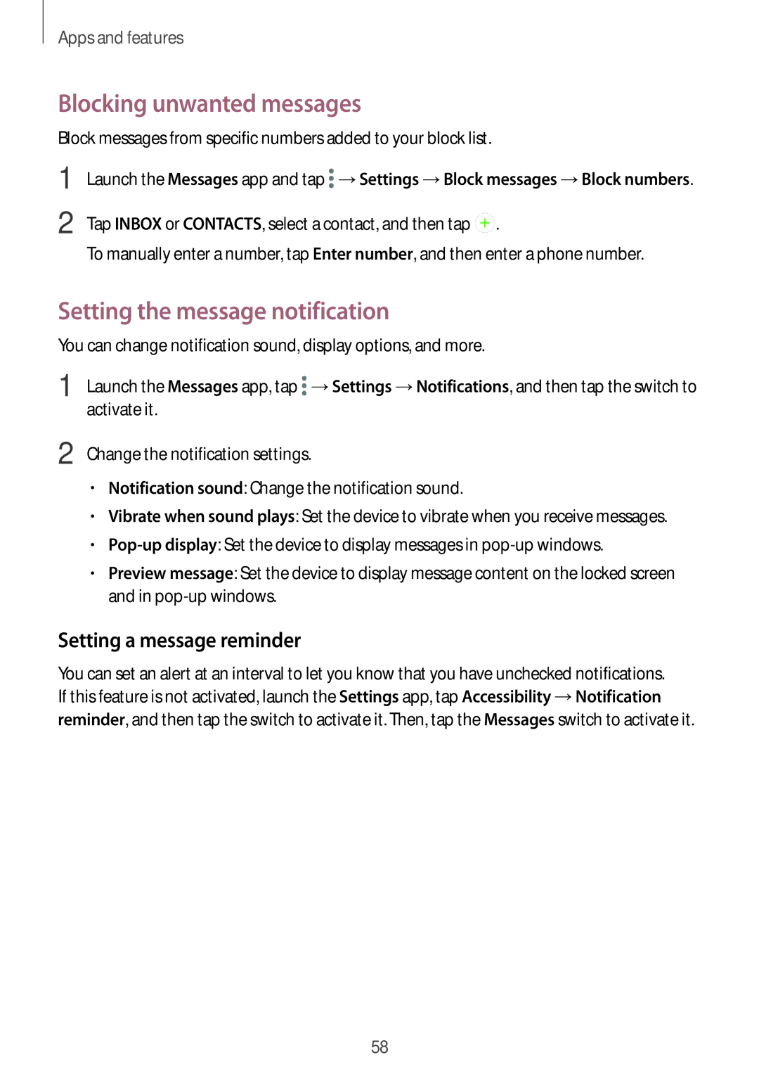 Samsung SM-C900FZDDXEV manual Blocking unwanted messages, Setting the message notification, Setting a message reminder 