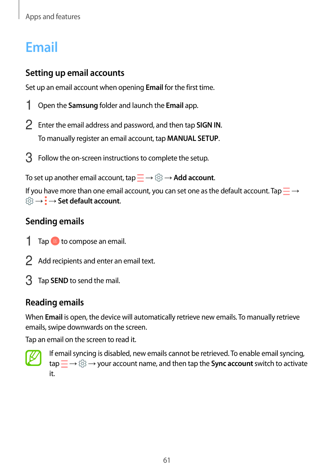 Samsung SM-C900FZKDXEV, SM-C900FZDDXEV manual Setting up email accounts, Sending emails, Reading emails 