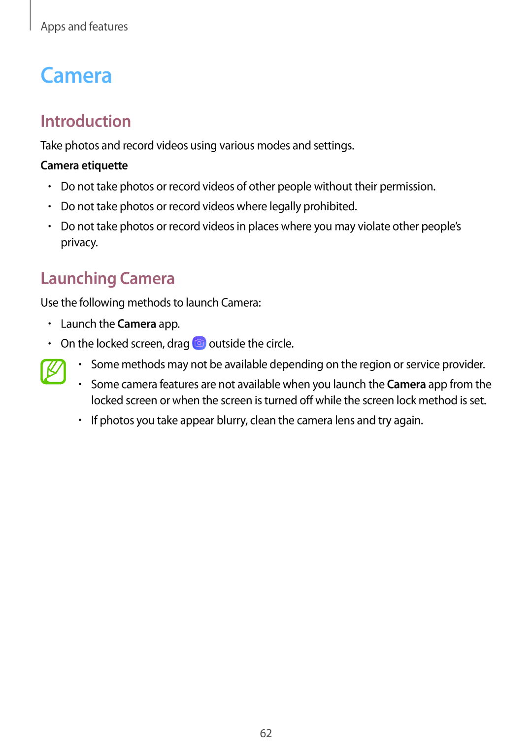 Samsung SM-C900FZDDXEV, SM-C900FZKDXEV manual Launching Camera, Camera etiquette 