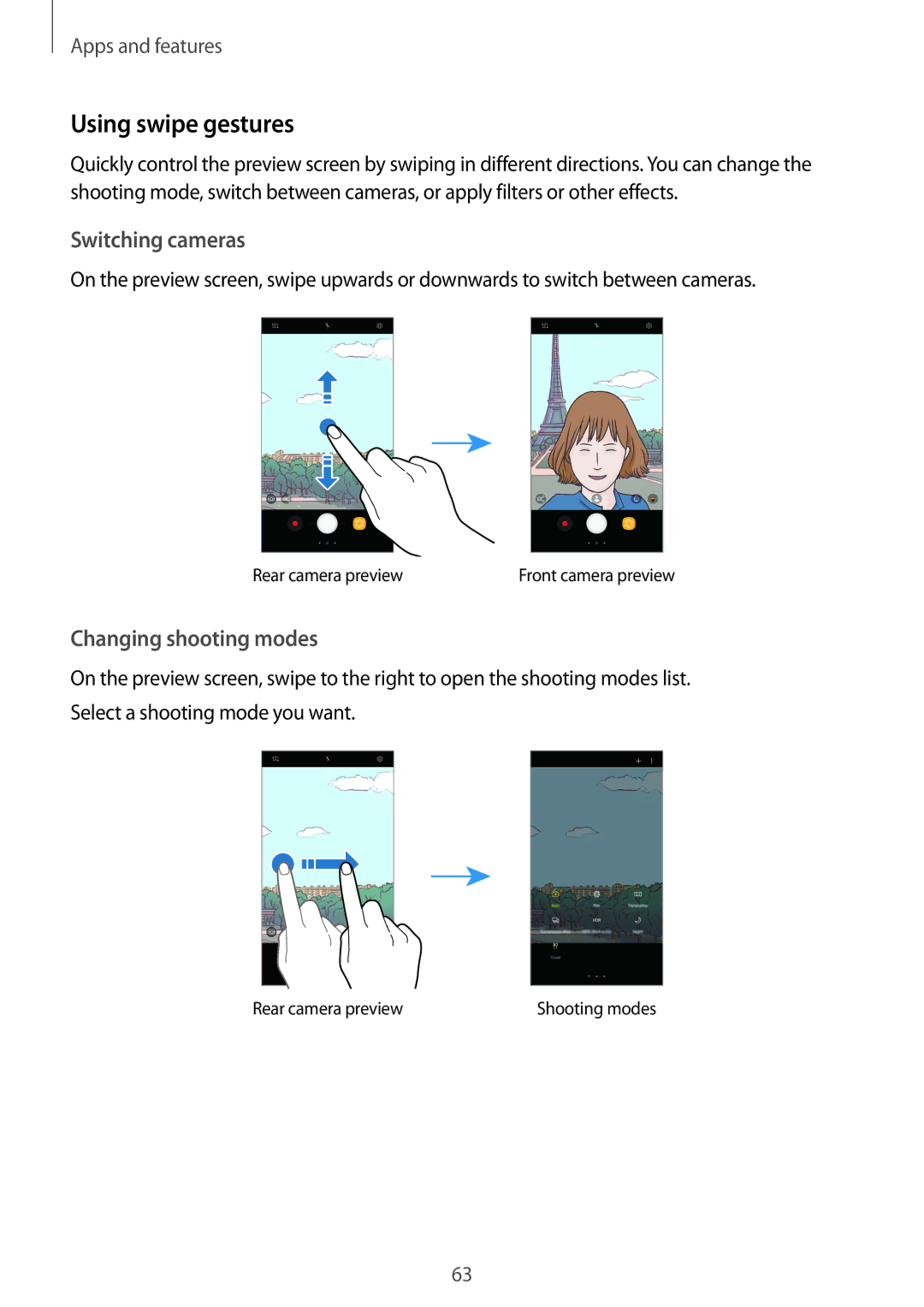 Samsung SM-C900FZKDXEV, SM-C900FZDDXEV manual Using swipe gestures, Switching cameras 