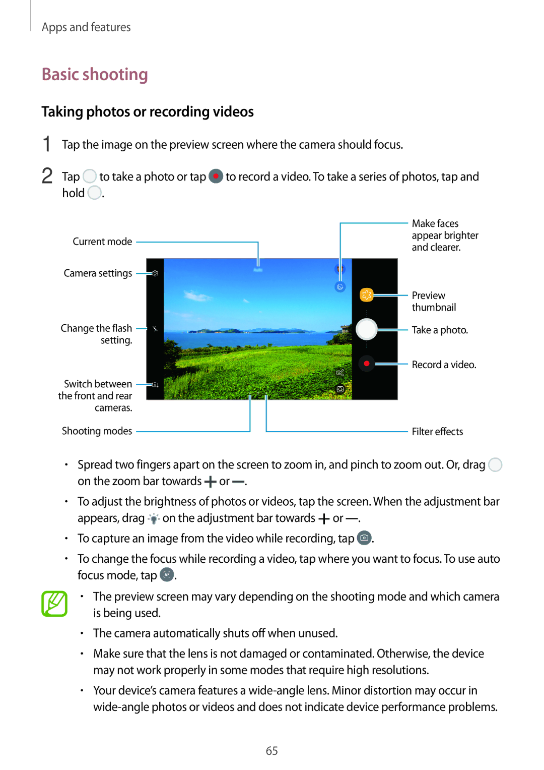 Samsung SM-C900FZKDXEV, SM-C900FZDDXEV manual Basic shooting, Taking photos or recording videos 