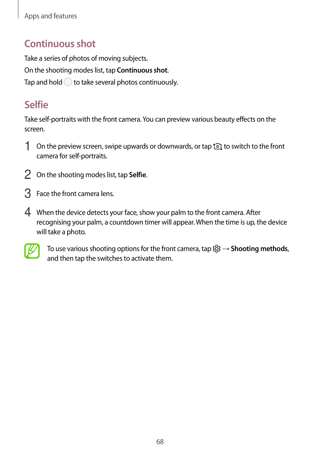 Samsung SM-C900FZDDXEV, SM-C900FZKDXEV manual Continuous shot, Selfie 