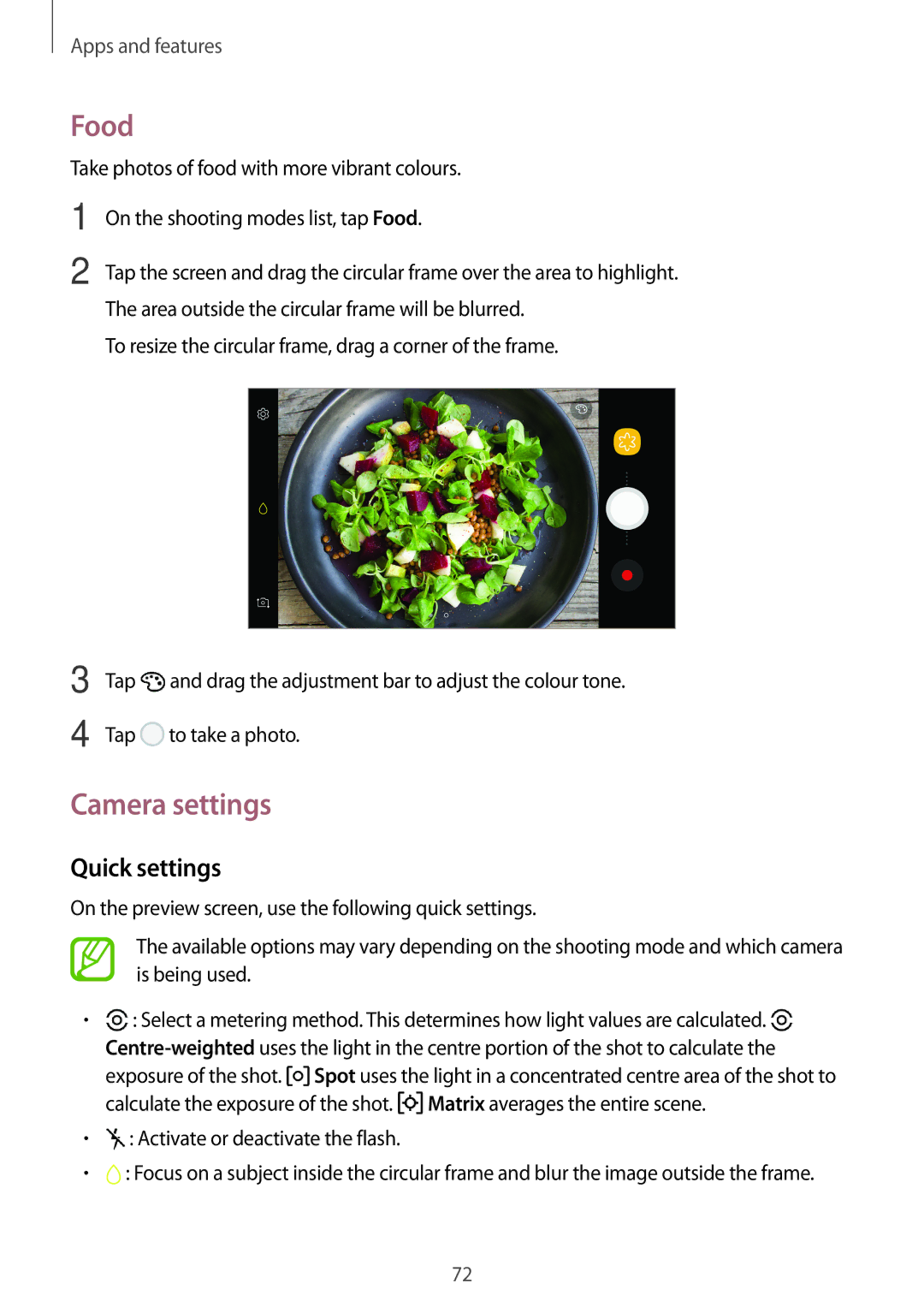 Samsung SM-C900FZDDXEV, SM-C900FZKDXEV manual Food, Camera settings, Quick settings 