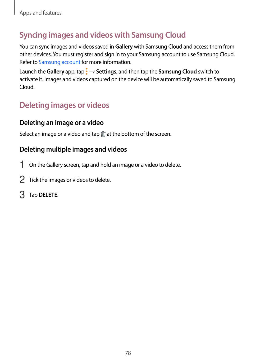Samsung SM-C900FZDDXEV, SM-C900FZKDXEV Syncing images and videos with Samsung Cloud, Deleting images or videos, Tap Delete 