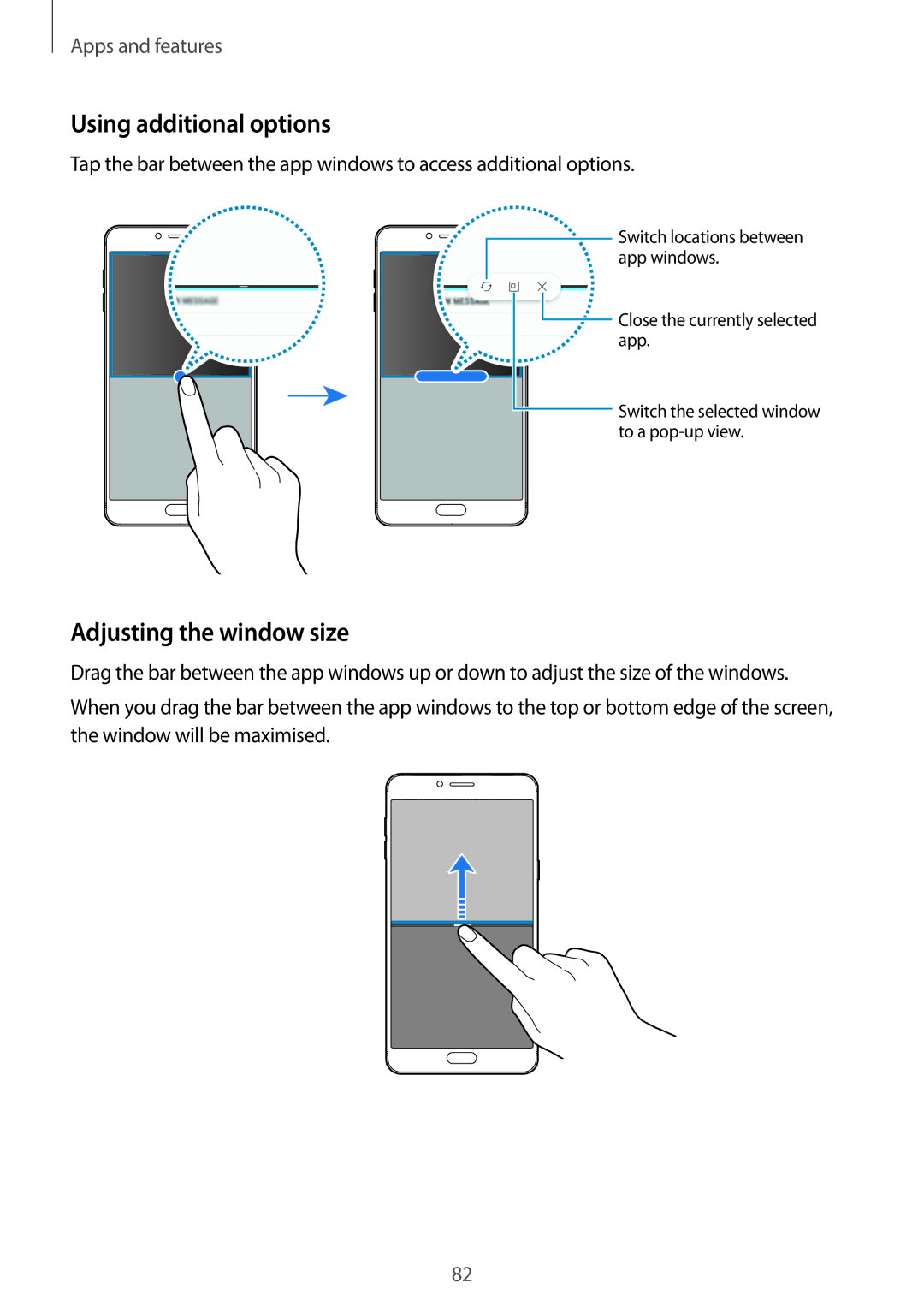 Samsung SM-C900FZDDXEV, SM-C900FZKDXEV manual Using additional options, Adjusting the window size 