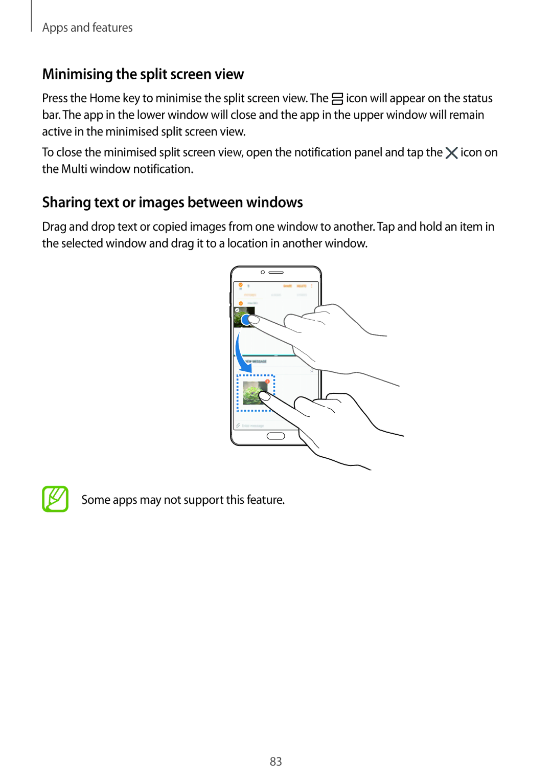 Samsung SM-C900FZKDXEV, SM-C900FZDDXEV manual Minimising the split screen view, Sharing text or images between windows 