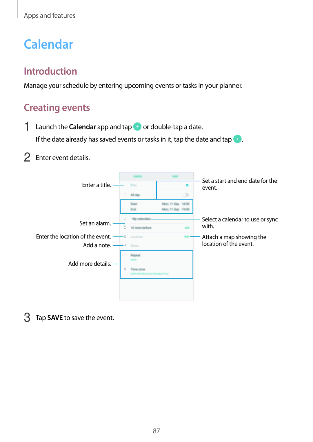 Samsung SM-C900FZKDXEV, SM-C900FZDDXEV manual Calendar, Creating events 