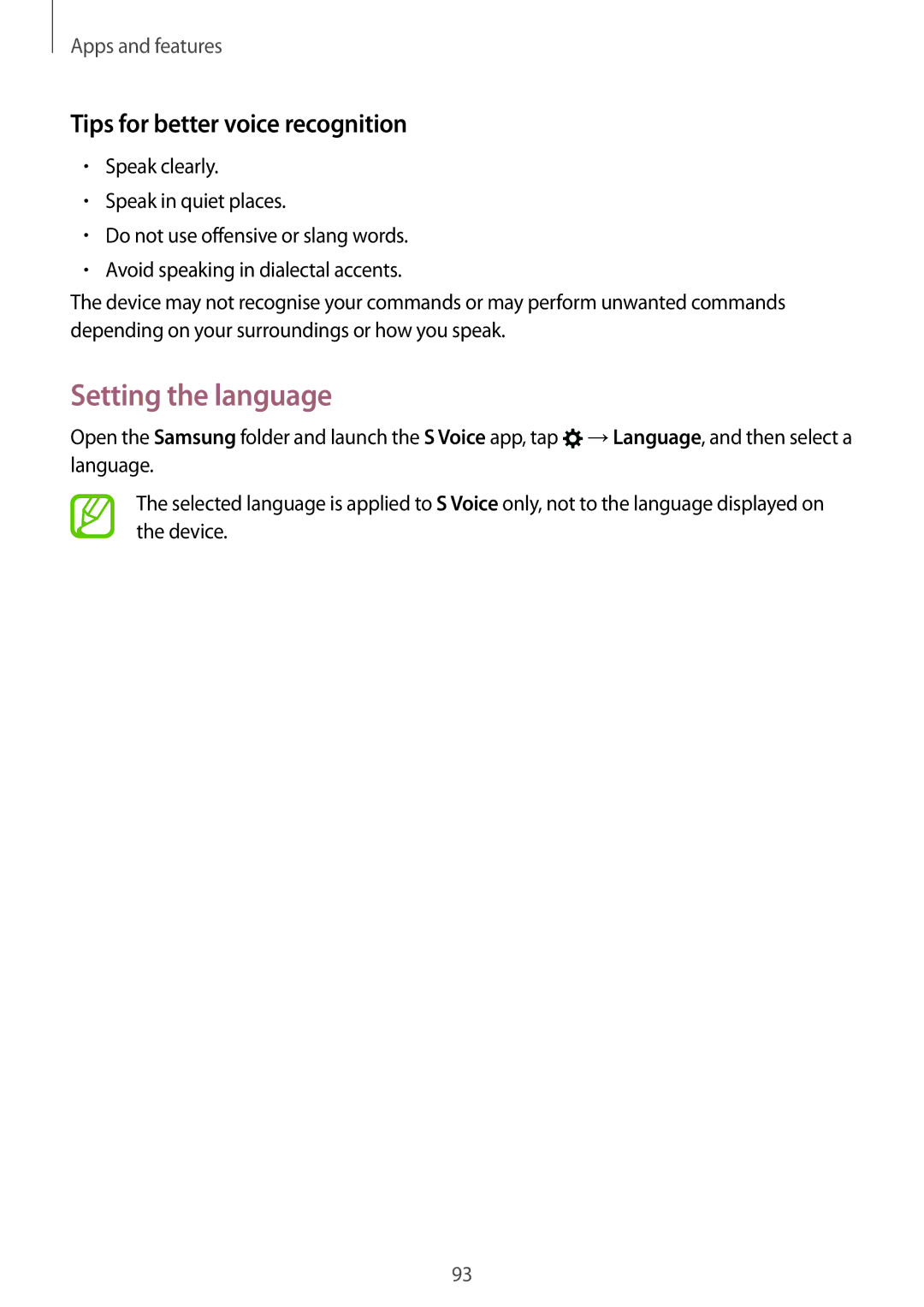 Samsung SM-C900FZKDXEV, SM-C900FZDDXEV manual Setting the language, Tips for better voice recognition 