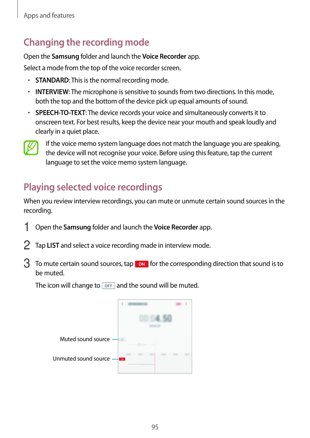 Samsung SM-C900FZKDXEV, SM-C900FZDDXEV manual Changing the recording mode, Playing selected voice recordings 