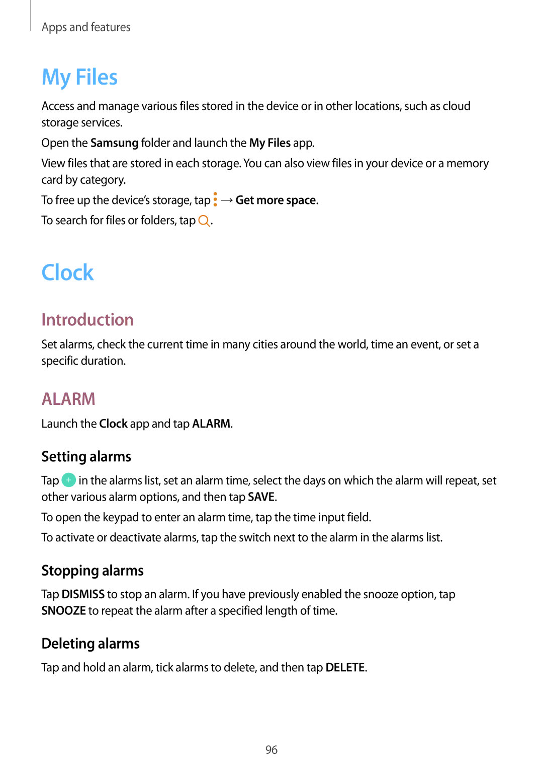 Samsung SM-C900FZDDXEV, SM-C900FZKDXEV manual My Files, Clock, Setting alarms, Stopping alarms, Deleting alarms 