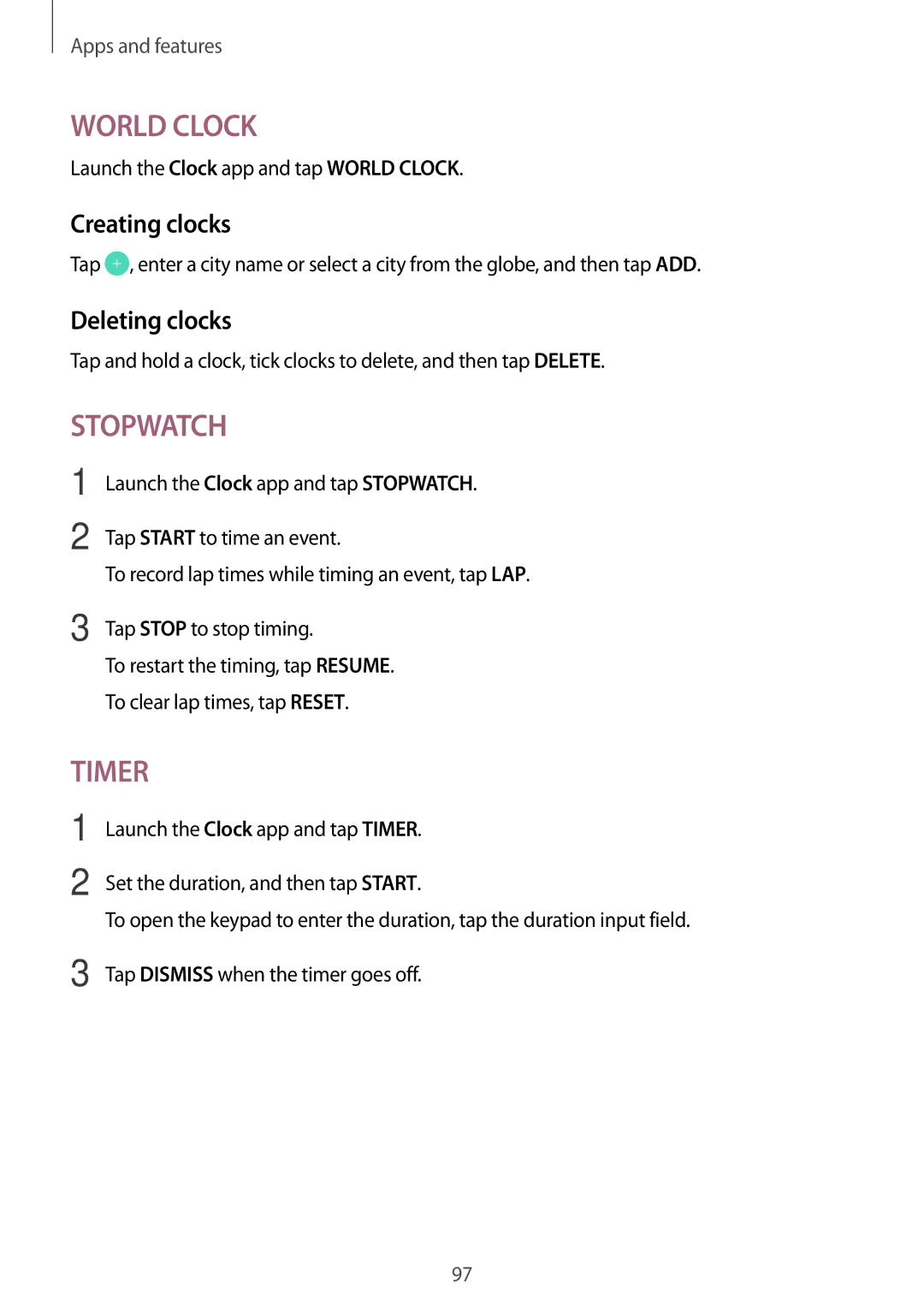 Samsung SM-C900FZKDXEV, SM-C900FZDDXEV manual Creating clocks, Deleting clocks 