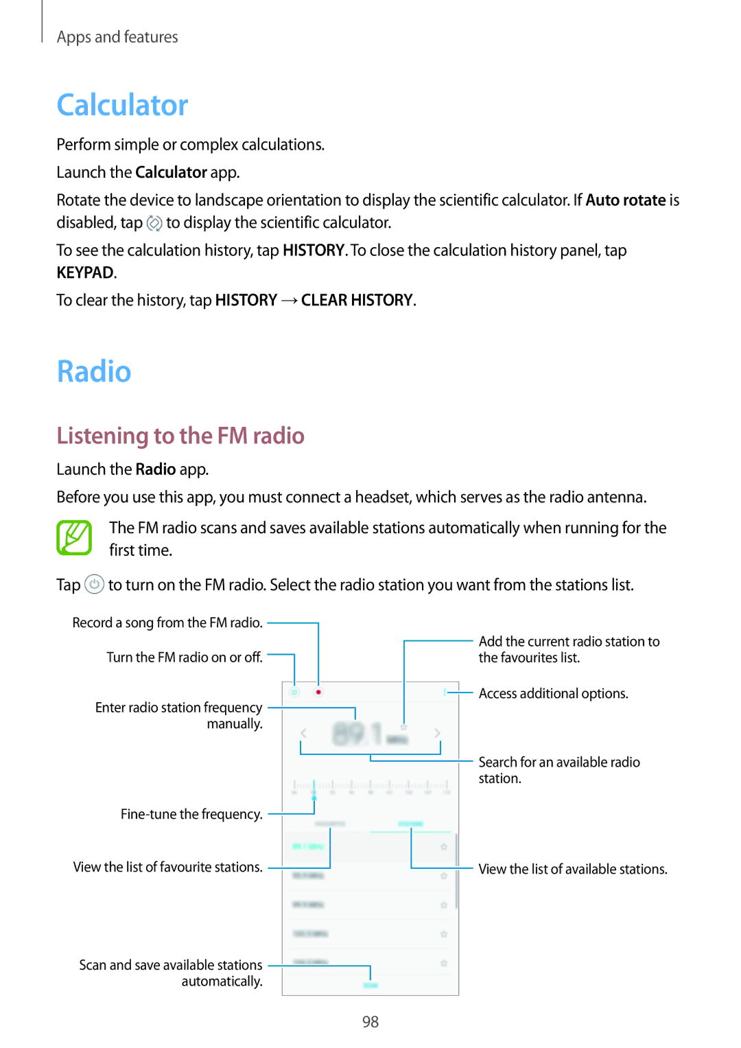 Samsung SM-C900FZDDXEV, SM-C900FZKDXEV manual Calculator, Radio, Listening to the FM radio 