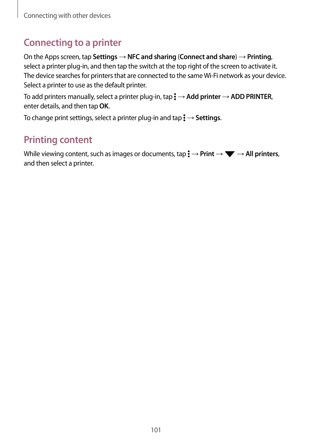 Samsung SM-E500FZWAPCL, SM-E500FZNDKSA, SM-E500FZWDKSA, SM-E500FZKDKSA manual Connecting to a printer, Printing content 