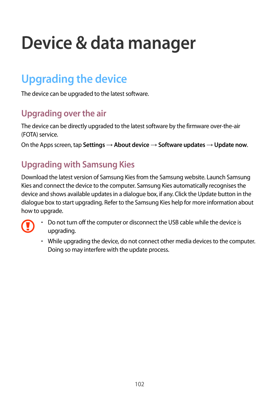 Samsung SM-E500FZKAPCL Device & data manager, Upgrading the device, Upgrading over the air, Upgrading with Samsung Kies 