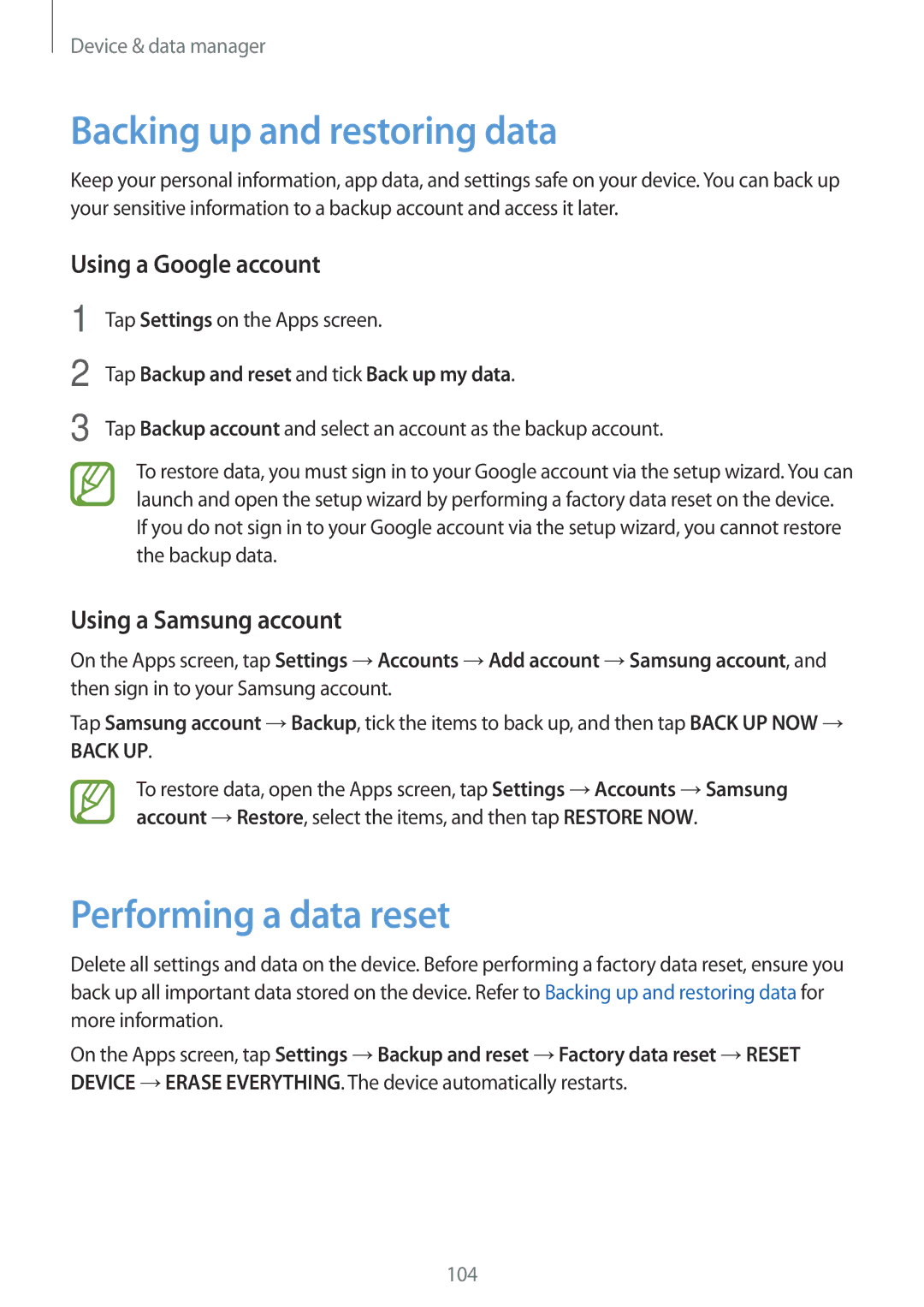 Samsung SM-E500FZNDILO, SM-E500FZNDKSA manual Backing up and restoring data, Performing a data reset, Using a Google account 