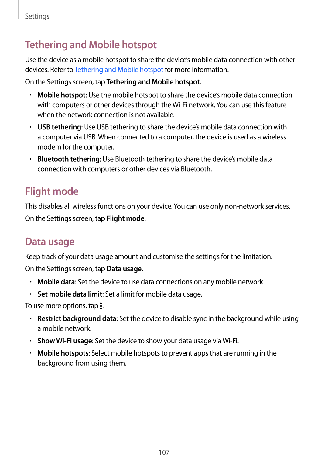 Samsung SM-E500FZKAPTR, SM-E500FZNDKSA, SM-E500FZWDKSA, SM-E500FZKDKSA Tethering and Mobile hotspot, Flight mode, Data usage 