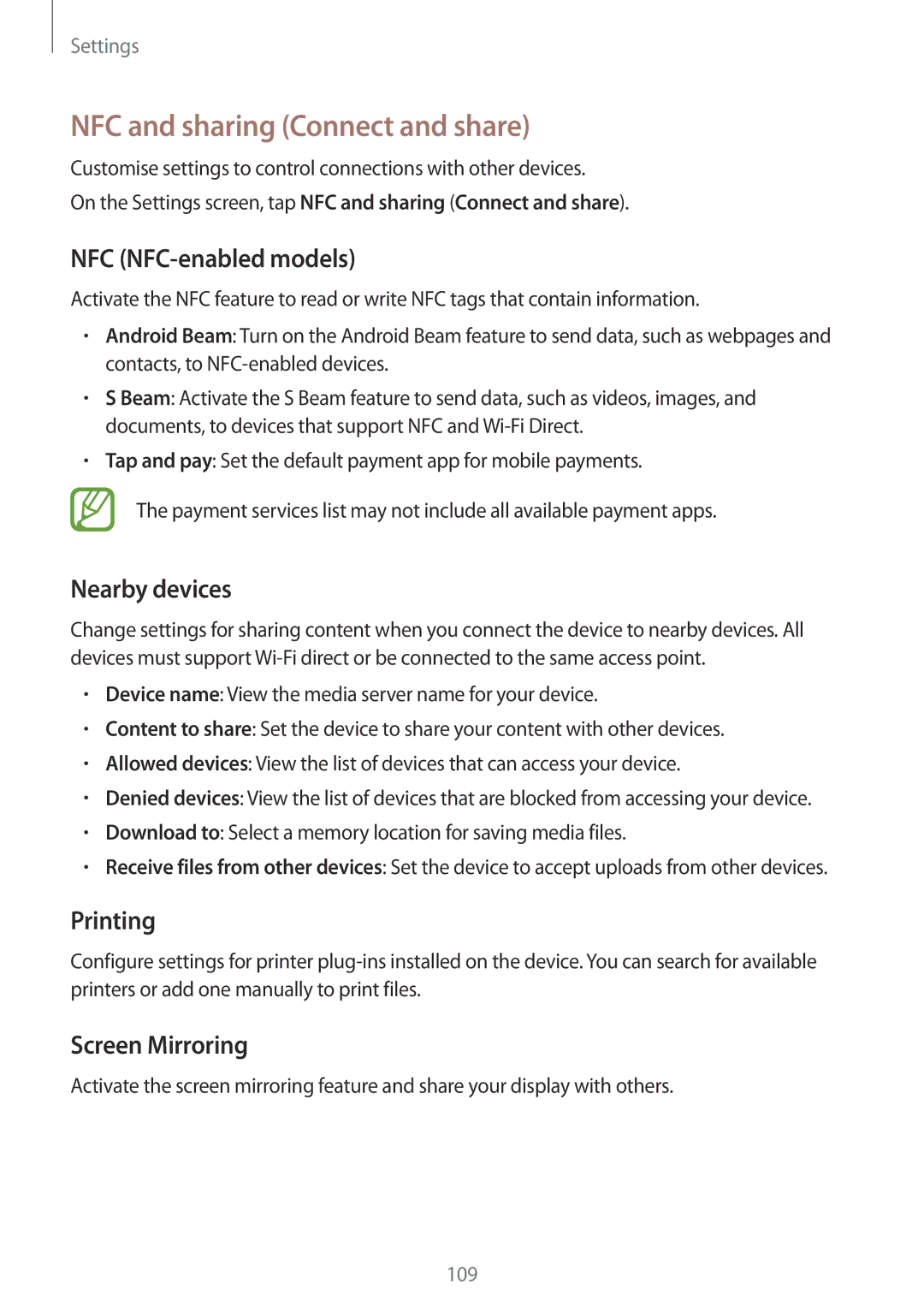 Samsung SM-E500FZWAPTR, SM-E500FZNDKSA NFC and sharing Connect and share, NFC NFC-enabled models, Nearby devices, Printing 