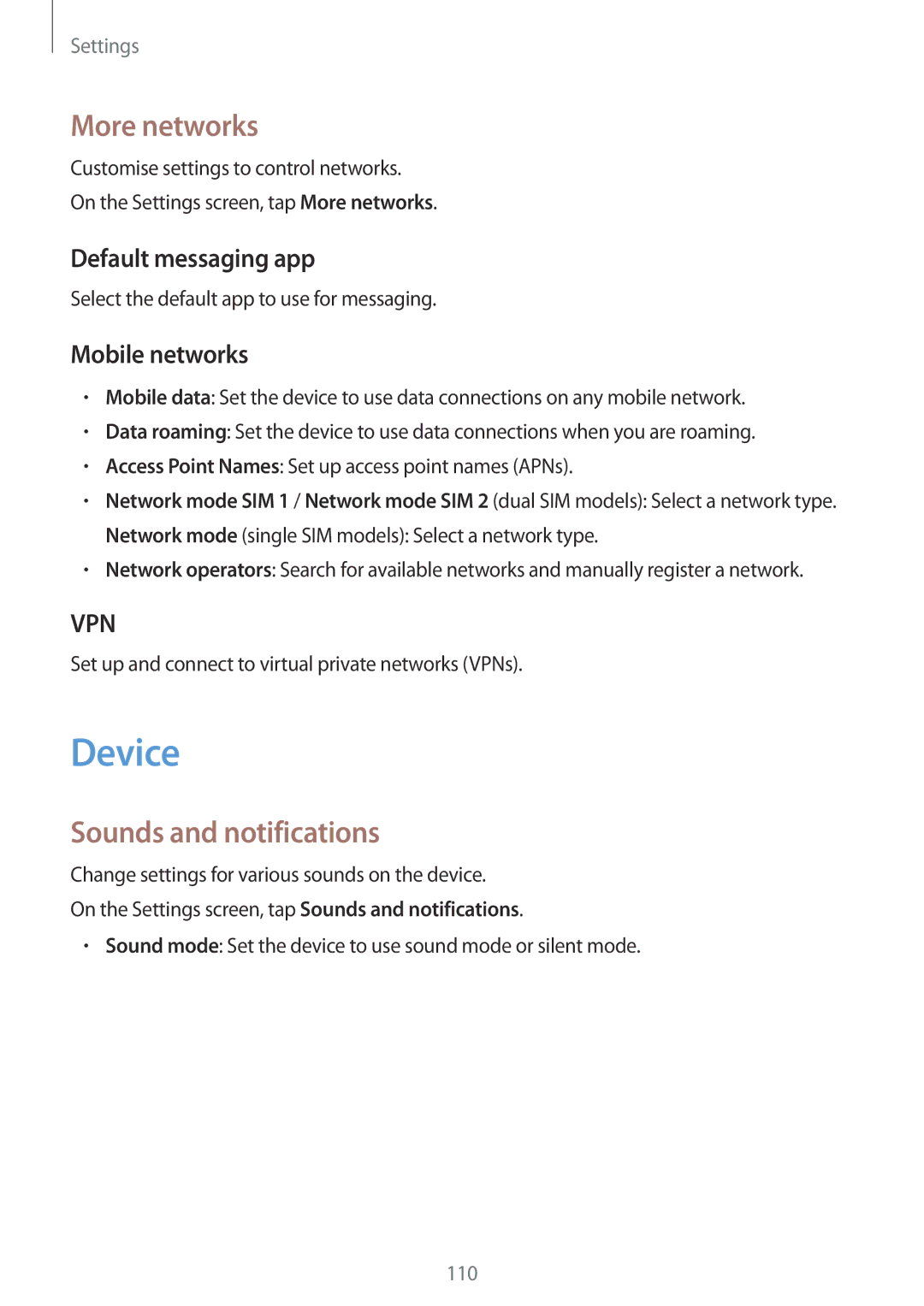 Samsung SM-E500FZWACEL manual Device, More networks, Sounds and notifications, Default messaging app, Mobile networks 