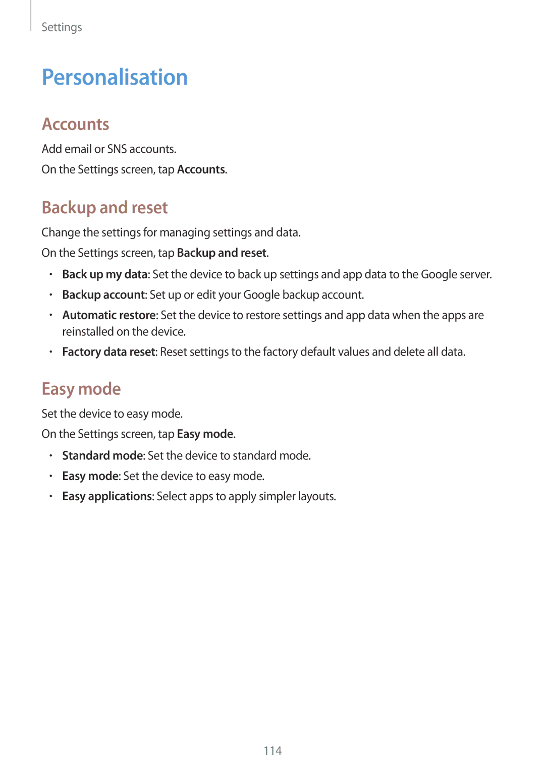 Samsung SM-E500FZKDKSA, SM-E500FZNDKSA, SM-E500FZWDKSA manual Personalisation, Accounts, Backup and reset, Easy mode 