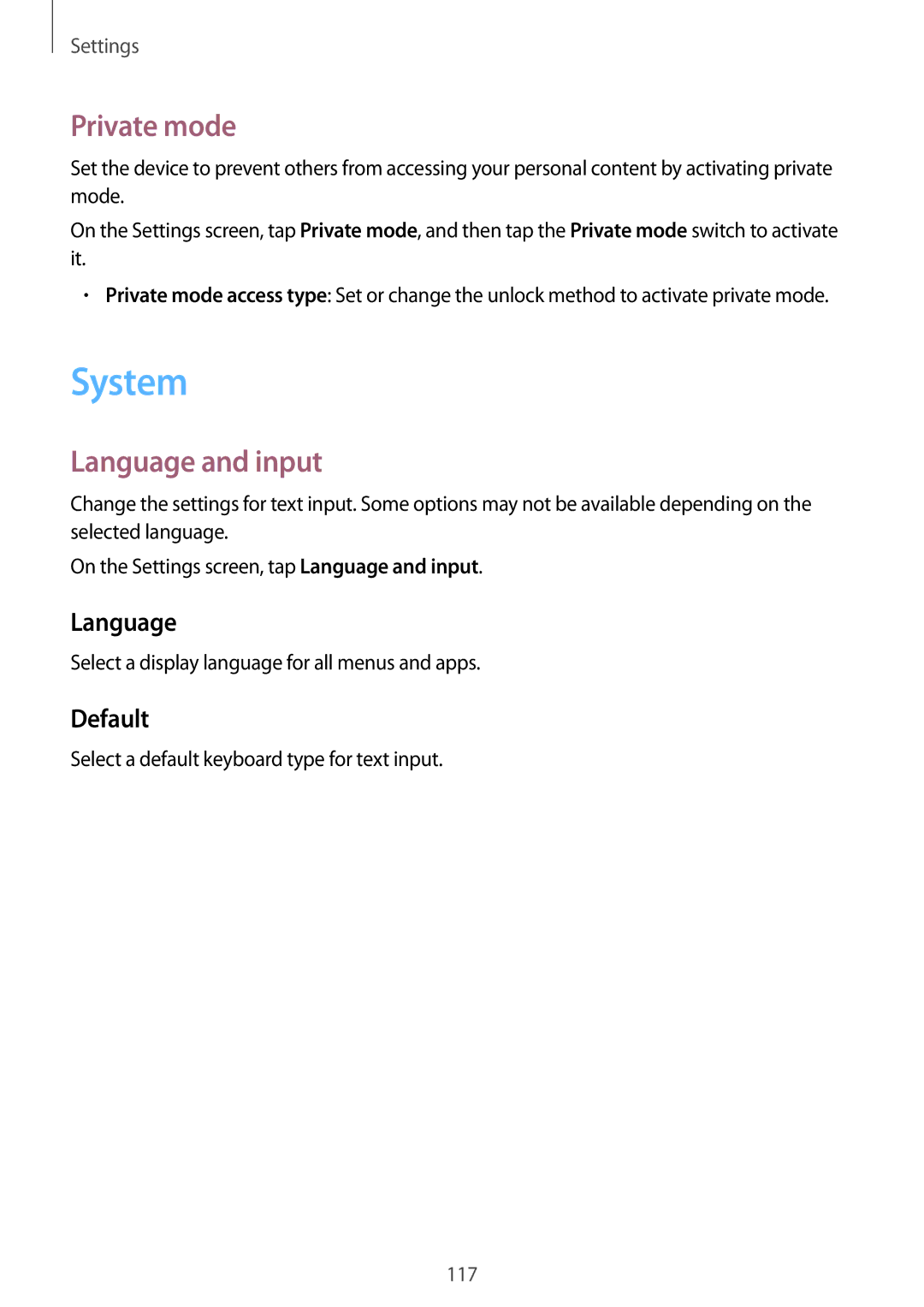 Samsung SM-E500FZWAPCL, SM-E500FZNDKSA, SM-E500FZWDKSA, SM-E500FZKDKSA System, Private mode, Language and input, Default 