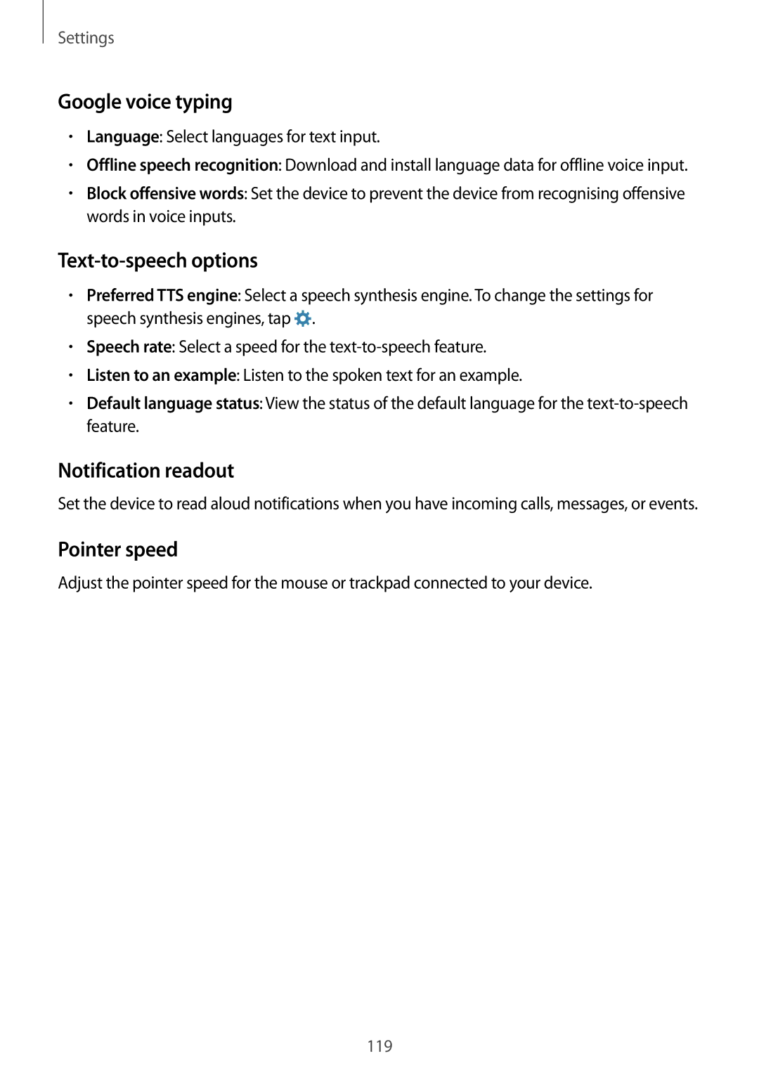 Samsung SM-E500FZNAILO, SM-E500FZNDKSA Google voice typing, Text-to-speech options, Notification readout, Pointer speed 