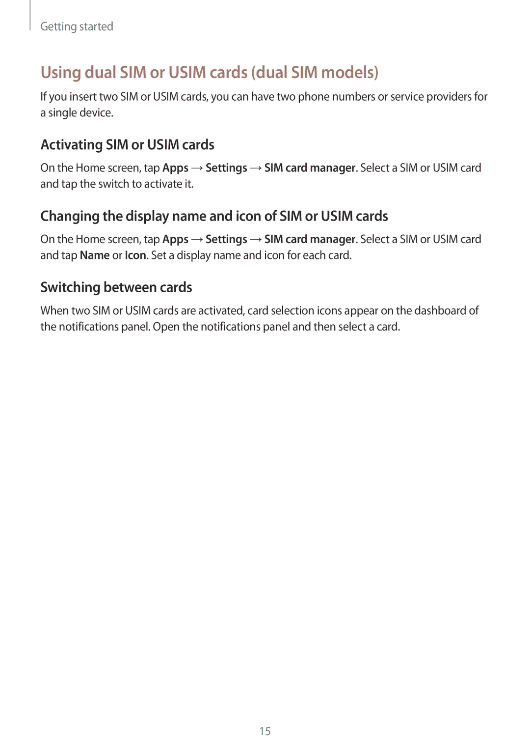 Samsung SM-E500FZKDILO Using dual SIM or Usim cards dual SIM models, Activating SIM or Usim cards, Switching between cards 