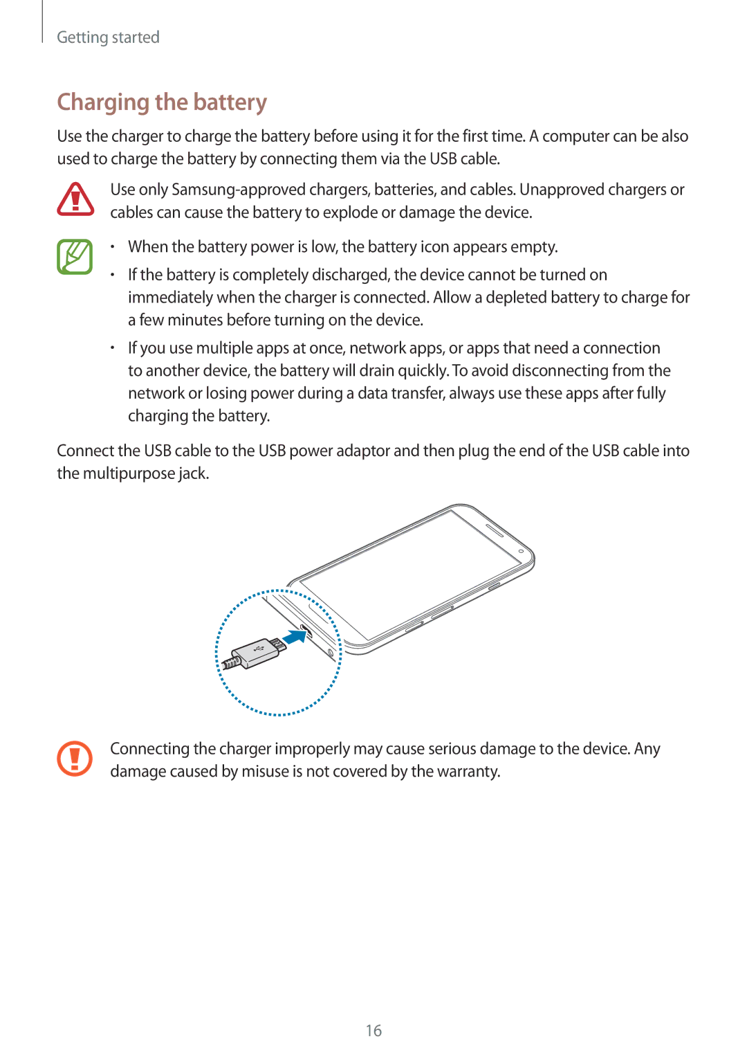 Samsung SM-E500FZNDKSA, SM-E500FZWDKSA, SM-E500FZKDKSA, SM-E500FZNAPTR, SM-E500FZWDILO, SM-E500FZWAPCL Charging the battery 