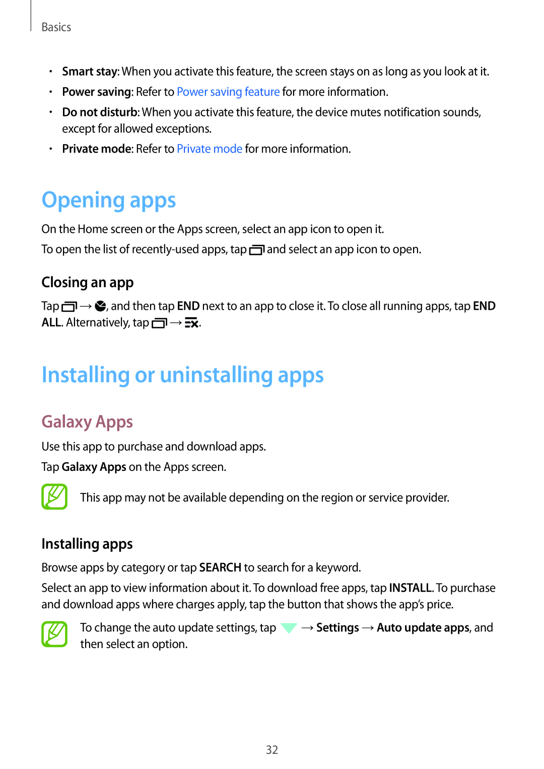 Samsung SM-E500FZNDKSA manual Opening apps, Installing or uninstalling apps, Galaxy Apps, Closing an app, Installing apps 