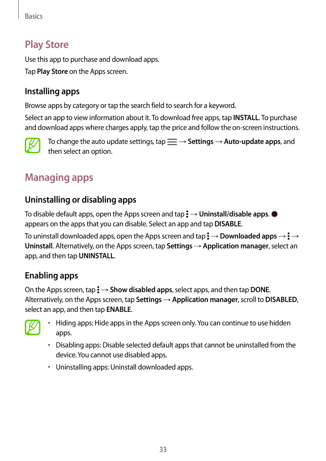 Samsung SM-E500FZWDKSA, SM-E500FZNDKSA manual Play Store, Managing apps, Uninstalling or disabling apps, Enabling apps 