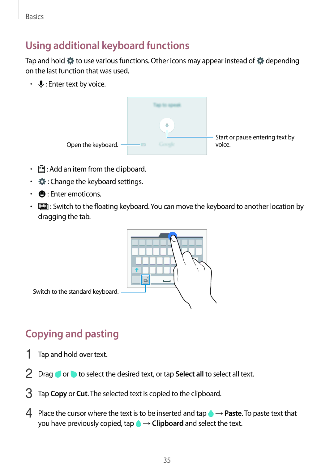 Samsung SM-E500FZNAPTR, SM-E500FZNDKSA, SM-E500FZWDKSA manual Using additional keyboard functions, Copying and pasting 